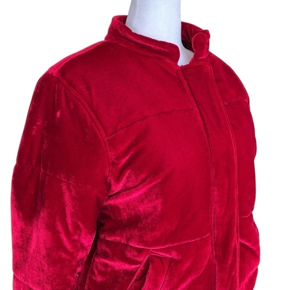 Me Jane Velvet Plush Bomber Puffer Jacket Zip Up Vibrant Cherry Red Cozy FLAWS S - Picture 6 of 16